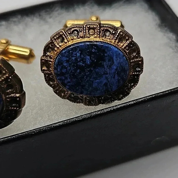 Christian Dior Vintage Gold Tone and Sodalite Cufflinks and tie bar set - Picture 3 of 5